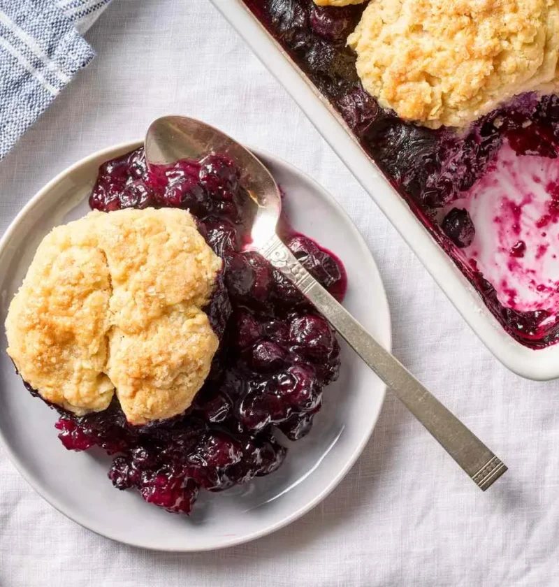 Martha Stewart blueberry cobbler with a golden cream biscuit on a plate beside the baking dish of jammy blueberry filling