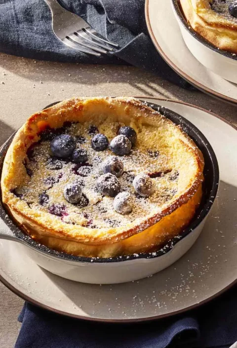 Martha Stewart blueberry Dutch baby pancakes baked in small cast-iron skillets, topped with fresh blueberries and confectioners' sugar