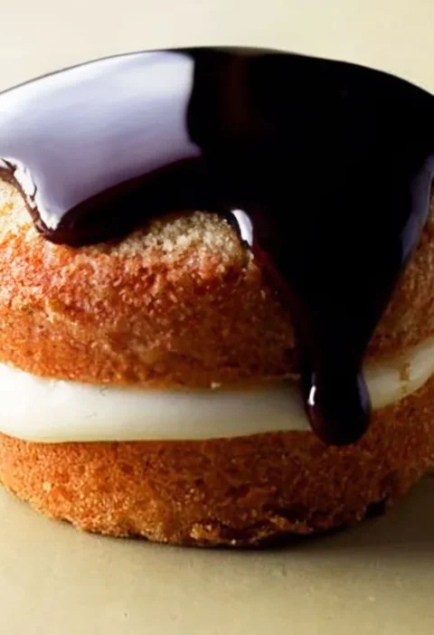 Martha Stewart Boston Cream Pie Cupcakes with vanilla cream filling and chocolate ganache dripping down the golden cake