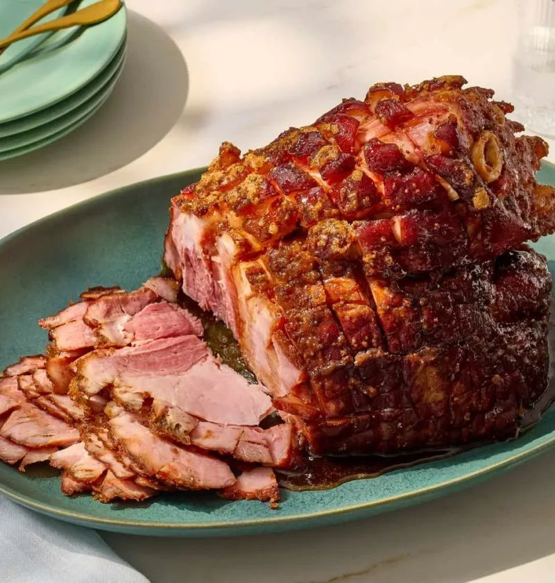 Martha Stewart brandied ham with a sticky dark glaze, partly sliced on a green serving platter